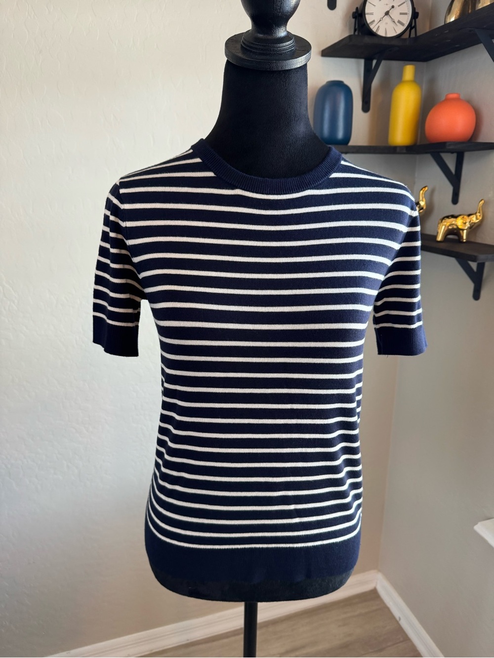 Philosophy Navy and White Striped Short-Sleeve Crewneck Sweater